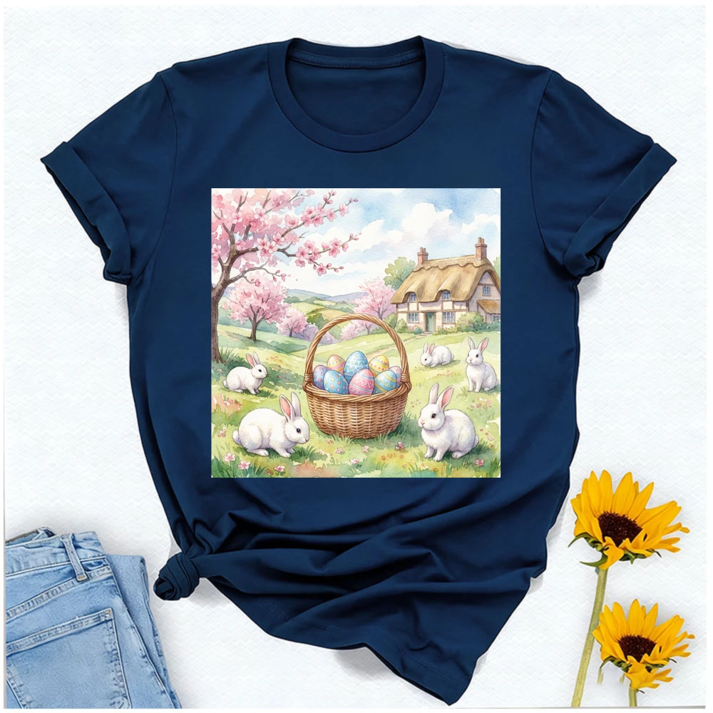 Watercolor Easter T-Shirt Countryside Bunny Egg Basket with Cherry Blossom Cottage Graphic Breathable Cotton Casual Streetwear