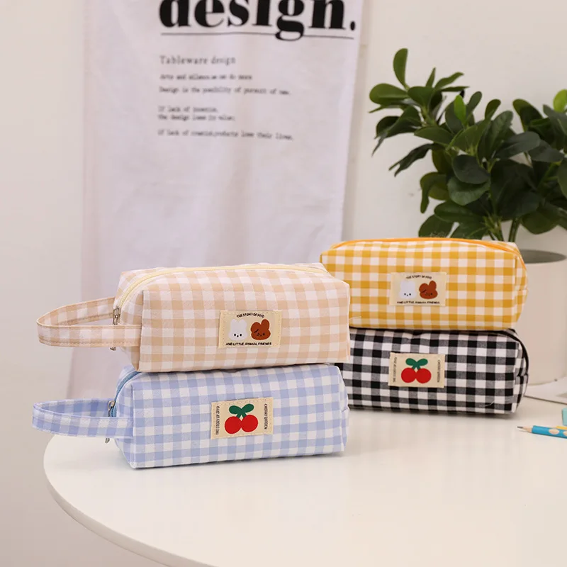 

Women's Makeup Bags Japanese Plaid Embroidery Cute Kawaii Simple Harajuku Storage Bags Portable Mult Functional Stationery Bags
