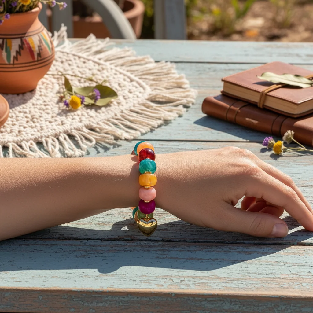 Resin Acrylic Bracelet With Ethnic Tie Dye Beads And Heart Design For Fashionable Everyday Wear