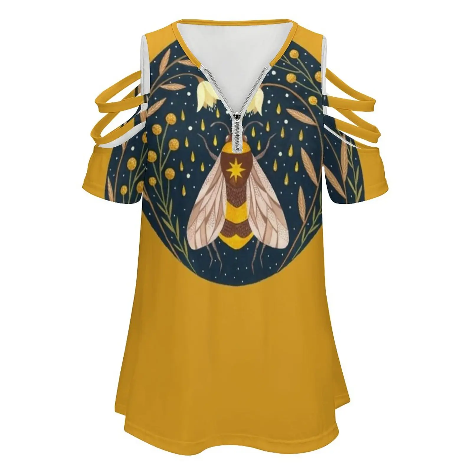 Harvester Of Gold Women'S T-Shirt Summer Fashion Print Floral V-Neck Zipper Tshirt Hollow Pullover Ladies Top Gouache Honey Bee