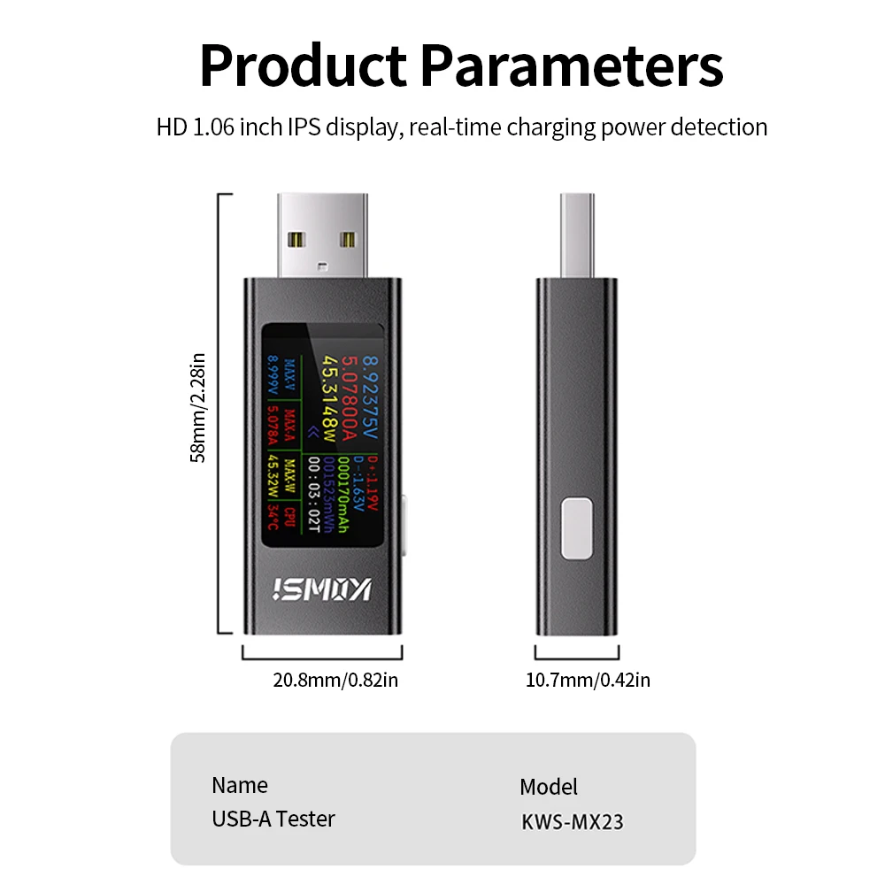KWS-MX23 Multifunktions-USB-Tester HD 1,06 Zoll IPS-Display Spannungs-Amperemeter Leistungsmesser für DC 4-30V 0-8A – Detail 6