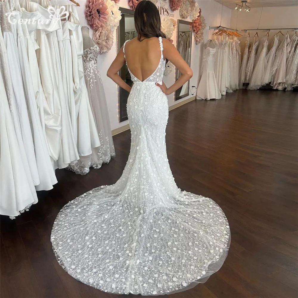 Lace Mermaid Wedding Dress with Detachable Train Backless V-Neck Elegant Bridal Gowns Rustic Bride Dresses Customized