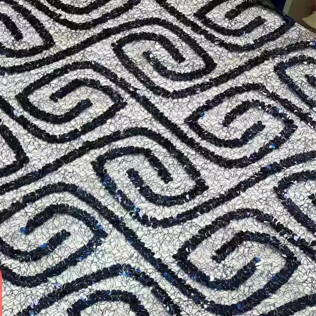 

Hot Sale Lace Fabric African High Quality Spiral Cord Embroidery Sequin for Sewing Ballroom Evening Party Dress Sewing Lace