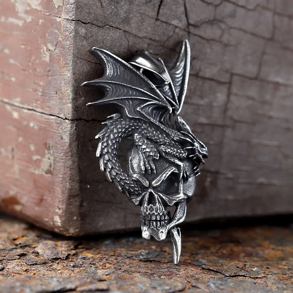 New 3D Dragon And Skull Pendant Necklace Metal Pearl Chain Jewelry Man Women Couple Gift Punk Rock Animal Accessories