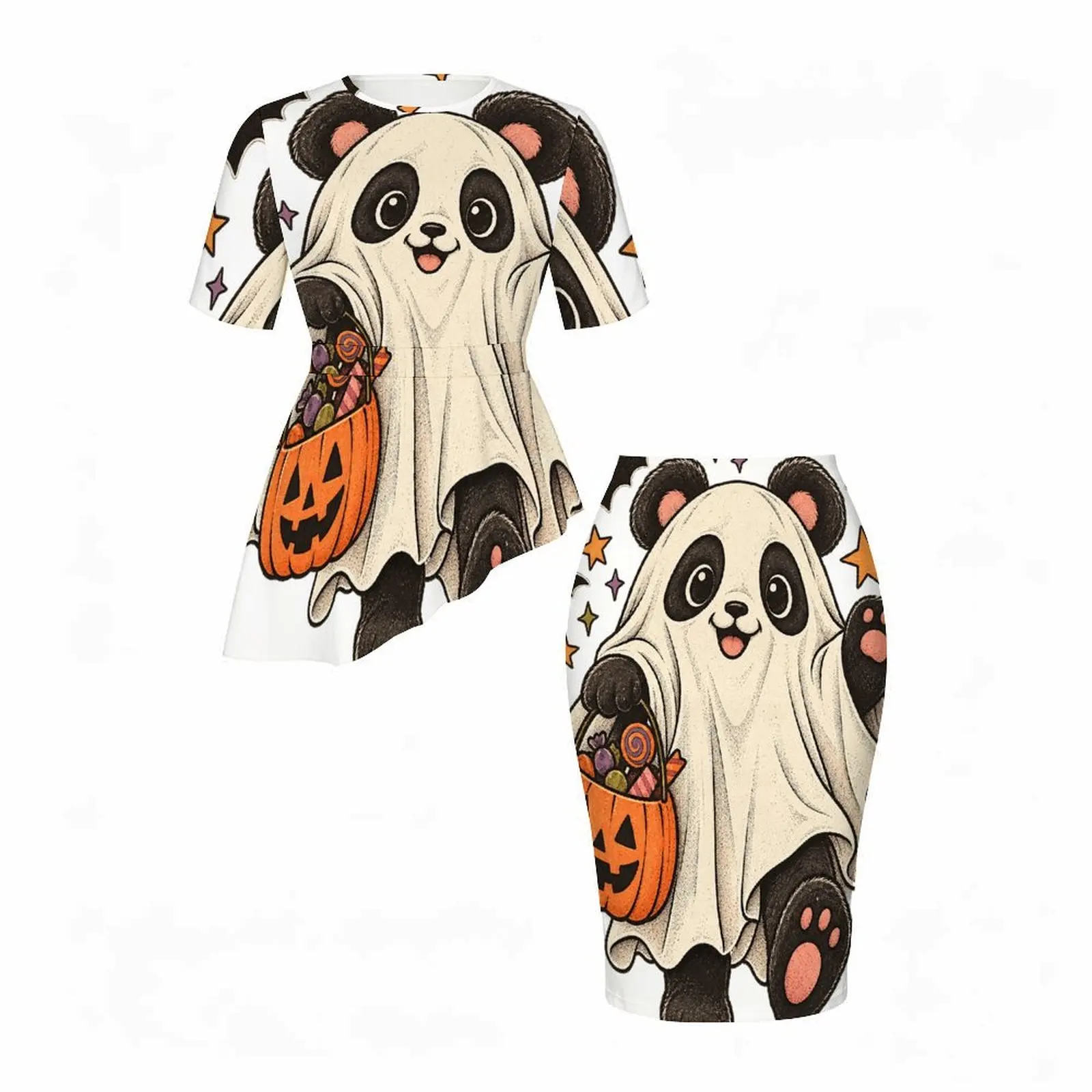 Women Two Piece Skirt Set, Short Sleeve Round Neck Asymmetric Top and Fitted Skirt, Printed Cute Ghost Panda Halloween Pattern