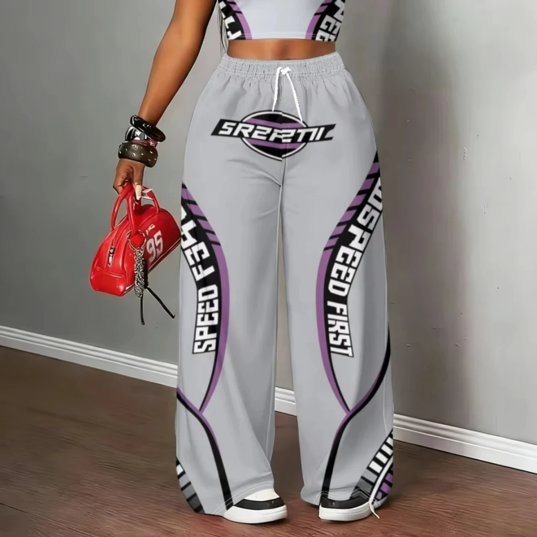 Men Women Straight‑Leg Pants,3D Racing Geometric Letter Print Quick Dry Trousers,Elastic Drawstring Waist Y2K Casual Pants