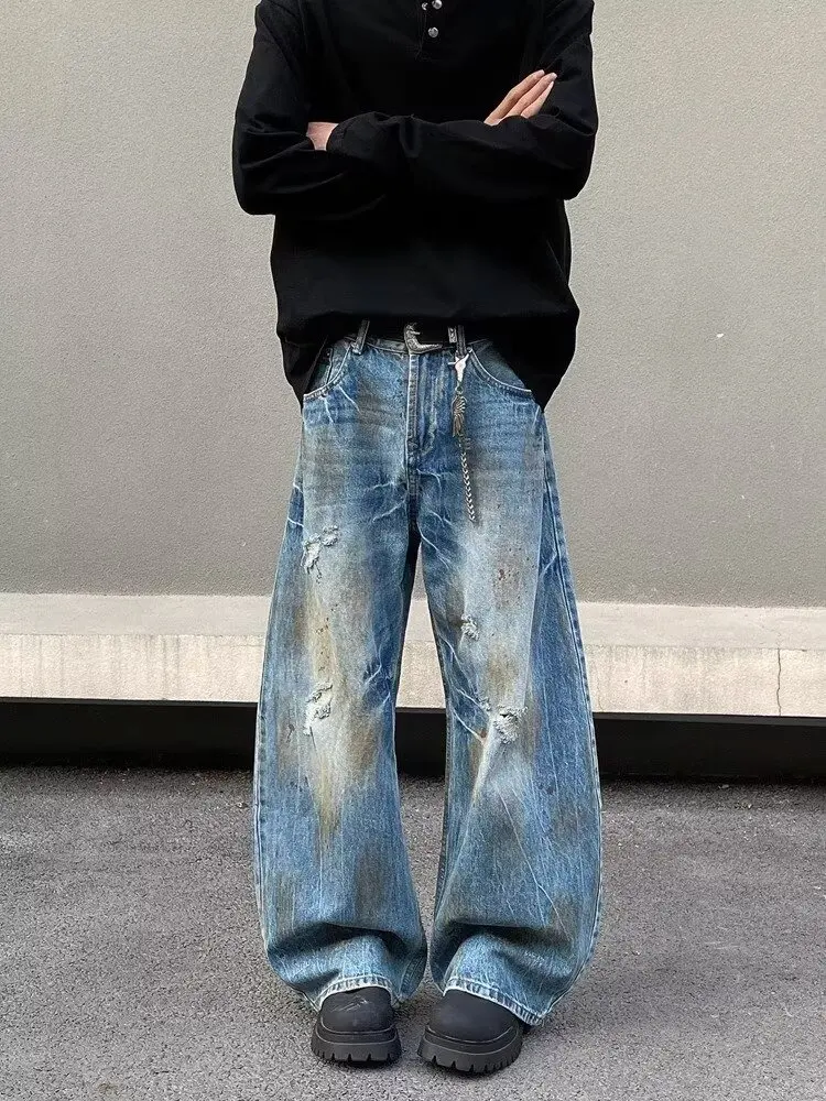 2000S Kleidung Y2K Grunge Old Dirty Washed Blue Baggy Zerrissene Jeans Hosen Für Männer 90S Vintage Kleidung Denim Hosen Ropa Hombre – Detail 8