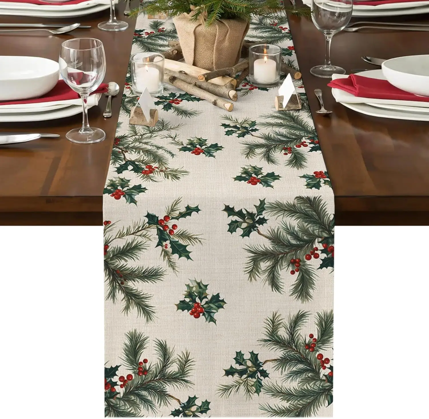 Christmas Green Pine Needles Berry Table Runner Holiday Party Decor Reusable Kitchen Dining Table Runner Christmas Decorations