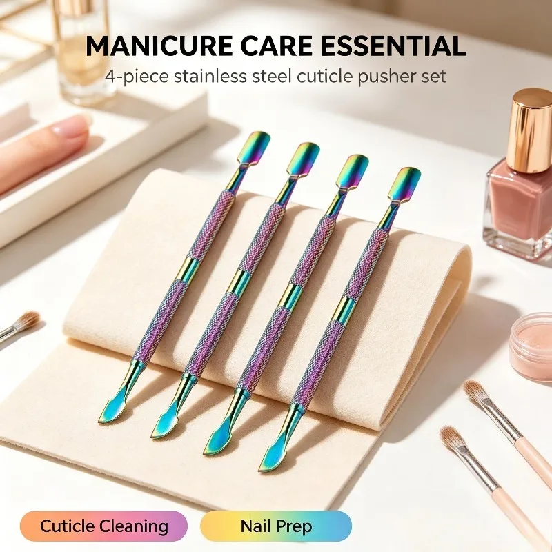 4PCS Color Titanium Double-Ended Cuticle Pusher Set Stainless Steel Dead Skin Remover for Manicure Pedicure Safe Convenient Gift