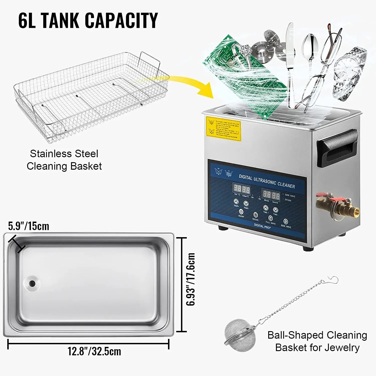 6L Professional Ultrasonic Cleaner Jewelry/Glasses/Tools Digital Timer Ultrasonic Glasses Cleaner Home Jewelry Cleaning Solution