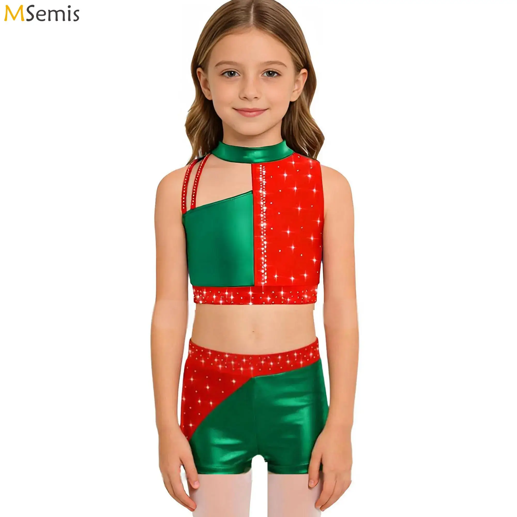 

Детский асимметричный костюм для латинских лирических танцев для девочек, укороченный топ из сетки со стразами и шортами, гимнастический танцевальный наряд