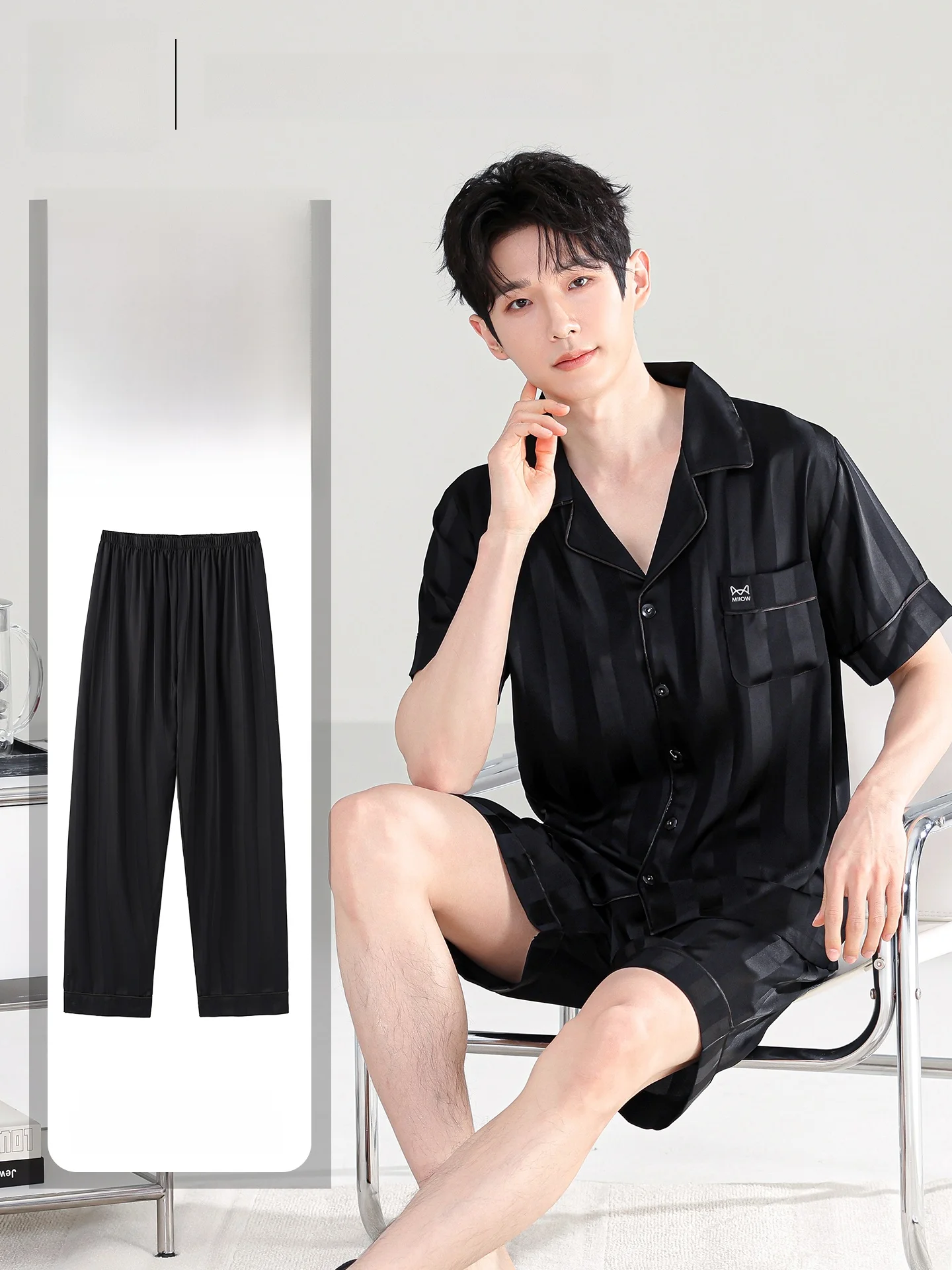 Men's Ice Silk Sleepwear Short Sleeve Thin Home Clothes Set  Man Spring New Arrival Three-Piece Set Breathable Comfortable