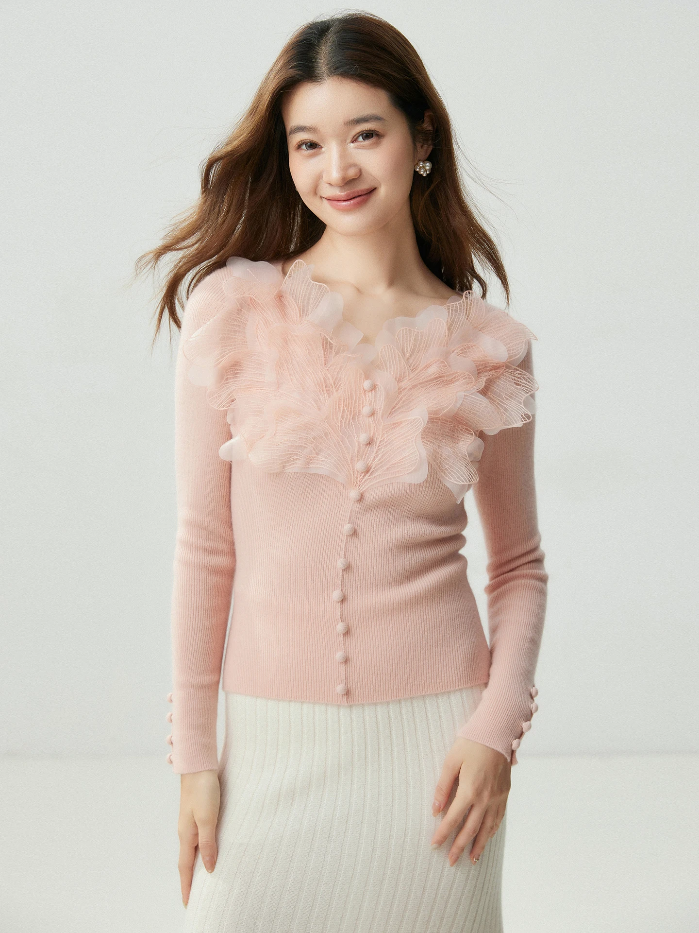 Autumn Winter Woman 100% Cashmere Delicate Lace Trim On Collar V-Neck Pullover Knitwear Long Sleeve Button Cuffs Soft Clothing