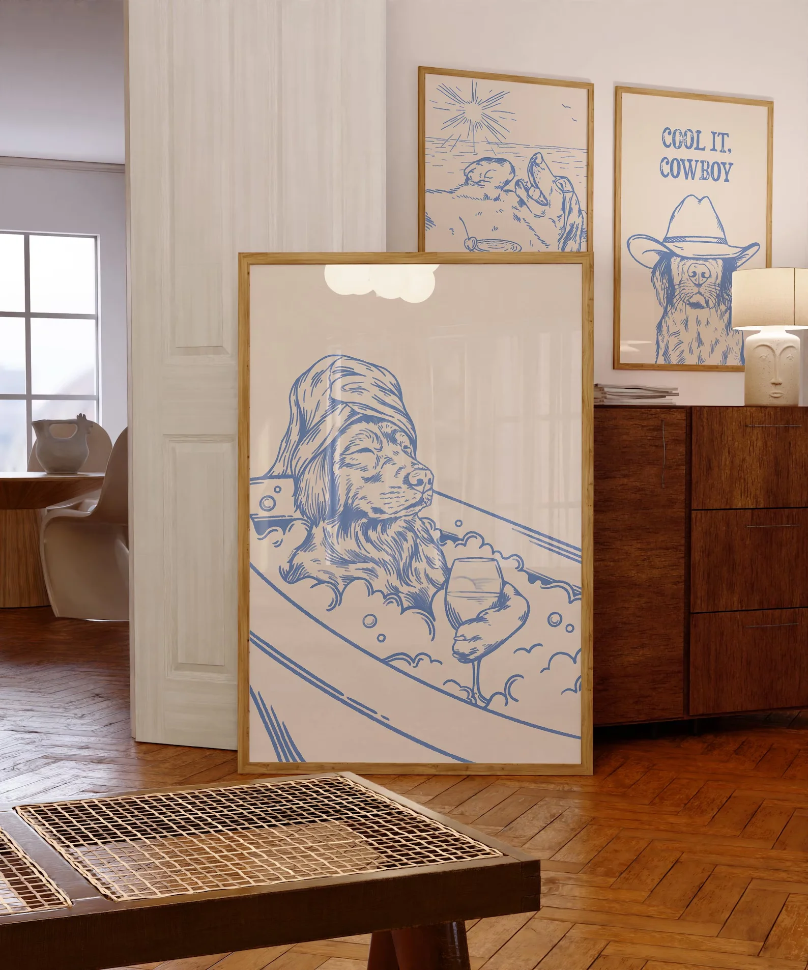 كلب مع النبيذ ديكور الحمام العصري تحميل رقمي جدار الفن ديكور المنزل يطبع للحمام #1