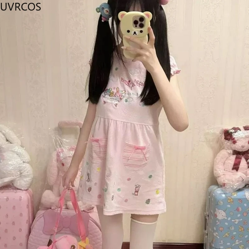 اليابانية Kawaii لوليتا نمط فستان المرأة الحلو الكرتون التطريز القوس الجيب ​ فستان Y2k الجمالي Harajuku Grunge Mini Vestidos