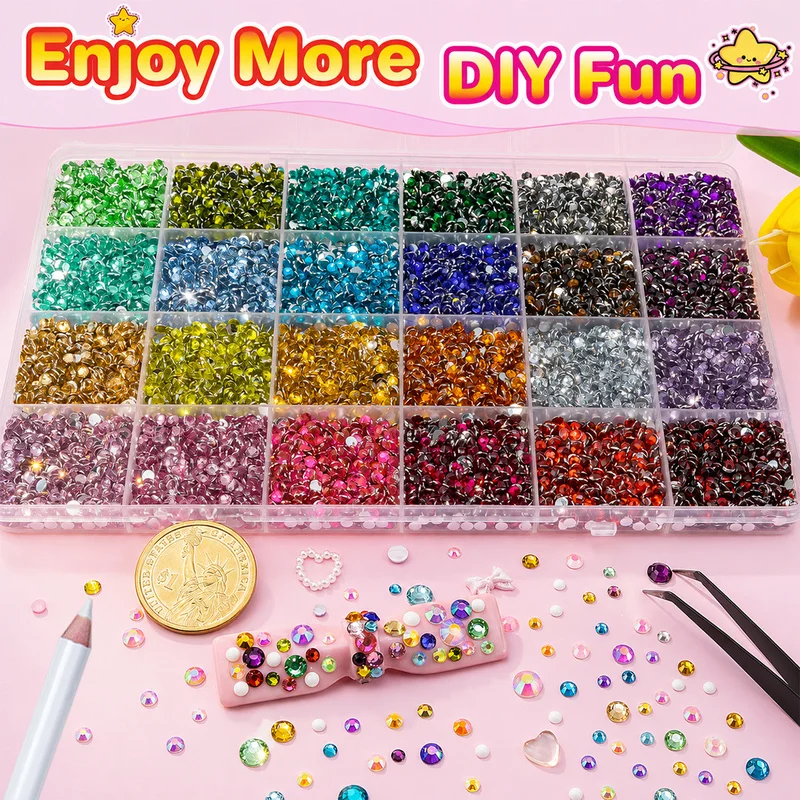 12000PCS Resin Flatback Rhinestones, 24 Colors 3mm Silvery Back Non Hotfix Craft Gems with Pick Pen & Tweezers, Bedazzling Kit