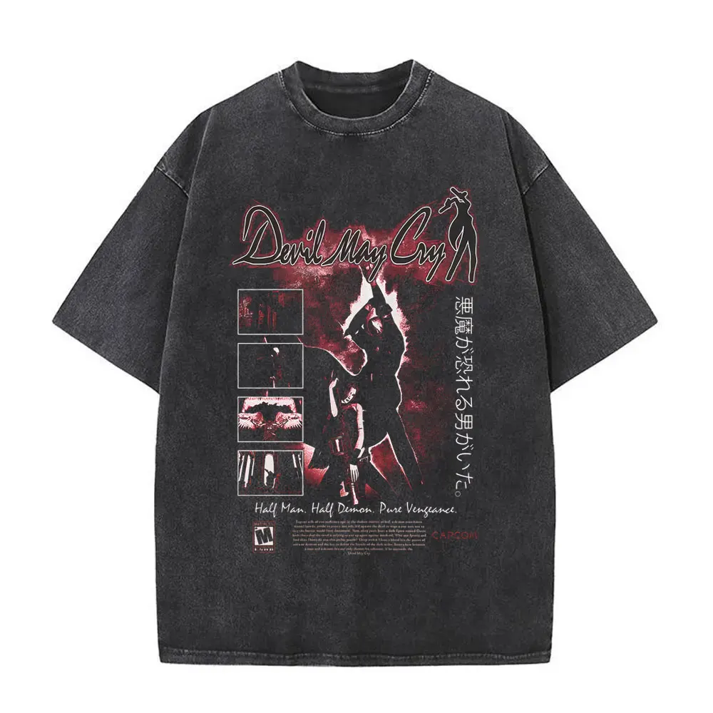 Washed Vintage Game Devil May Cry Dante Graphic T-shirt Men Gothic Retro Oversized Short Sleeve T Shirt Male Hip Hop Streetwear