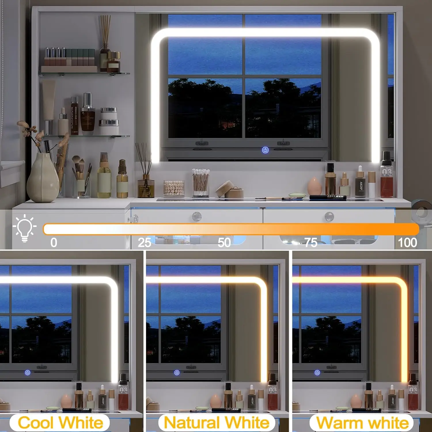 White Clear Glass Top Makeup Vanity for Bedroom with Mirror, Lights, 2 RGB Drawers, Spacious Storage & Power Outlet view 5