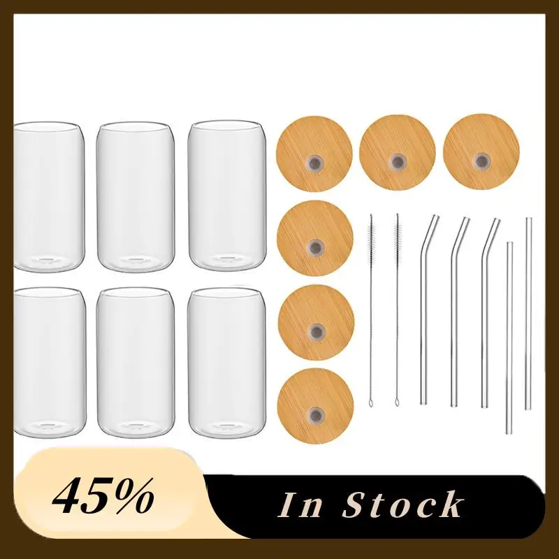 

A60z6pcs Set Drinking Glasses 16Oz Can Shaped Glass Cup With 6 Bamboo Lids And 6 Glass Strawsmay