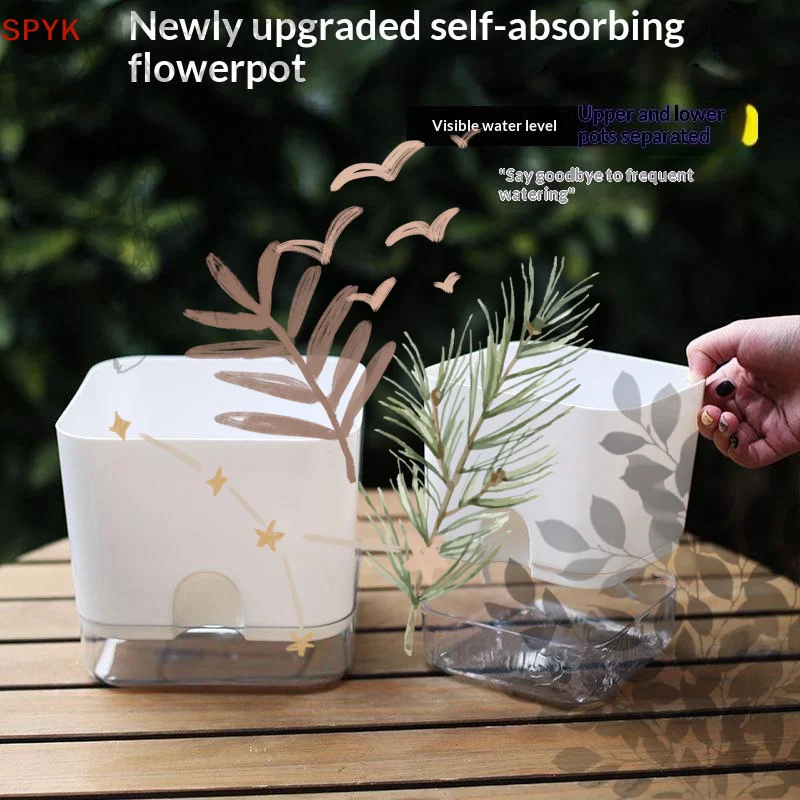 Square Double Layer Flowerpot White Self Watering Plant: 1Pcs Pot Home Indoor Outdoor Balcony Garden
