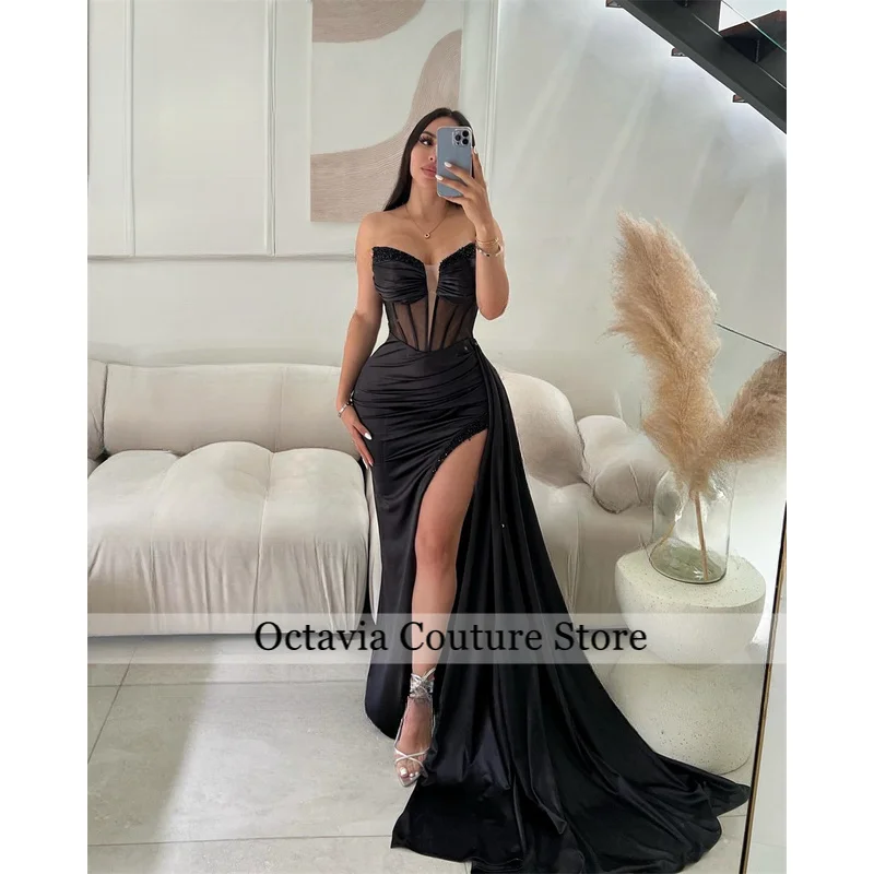 Stylish Satin Evening Dress for Woman Mermaid Beads Pleated Corset Saudi Arabric Vestido de Graduacion Customized
