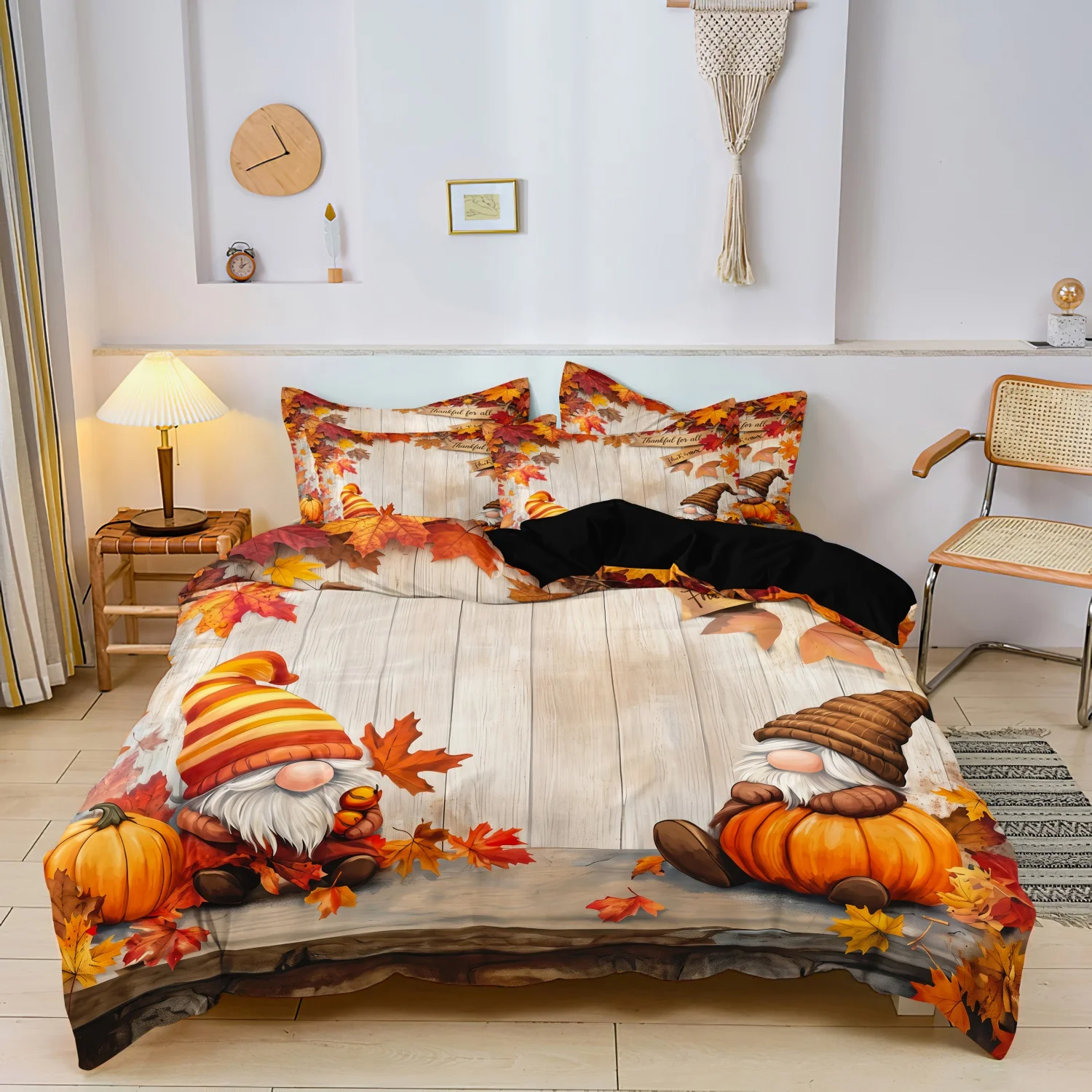 3 Pieces Rustic Farmhouse Fall Print Duvet Cover Set, Vintage Wooden Plank Cute Gnomes Pumpkin Maple Leaves Pattern Bedding