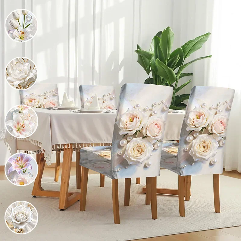 

Stretch printed dining chair cover, dreamy white floral pattern, removable home dining chair cover