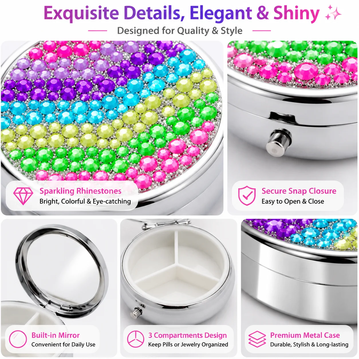 5pcs Bling Rhinestone Travel Pill Box 3 Compartments Daily Vitamin Organizer – Cute Mini Jewelry & Medication Storage Case Wome
