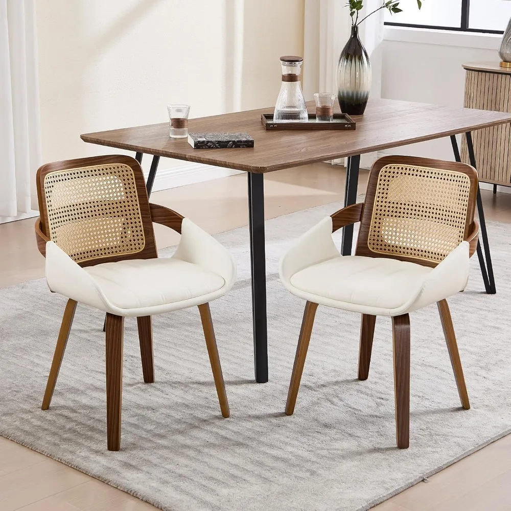 

Dining Chairs Set of 2, Mid Century Modern Dining Room Chairs with Arms and Rattan Back PU Leather Upholstered Bentwood Kitchen