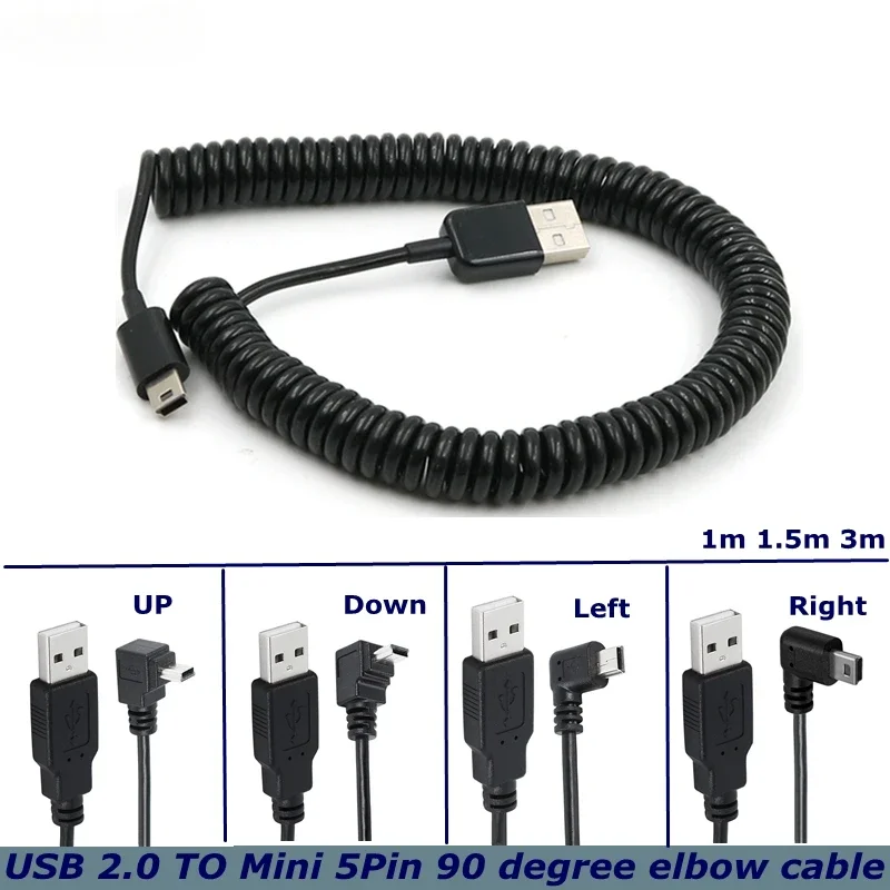 USB 2.0 A Male to Mini USB 5 Pin Right Angled 90 Degree Spiral Coiled Adapter Cord Cable 5ft for MP3 Players Digital Cameras
