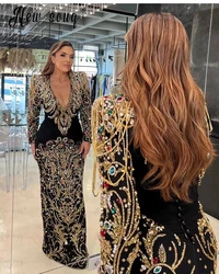 Middle East Black Velvet Shoulder Pad Evening Dress With Gold Rhinestone Chain Formal Prom Dress Custom Made فساتبن سهرة فاخرة