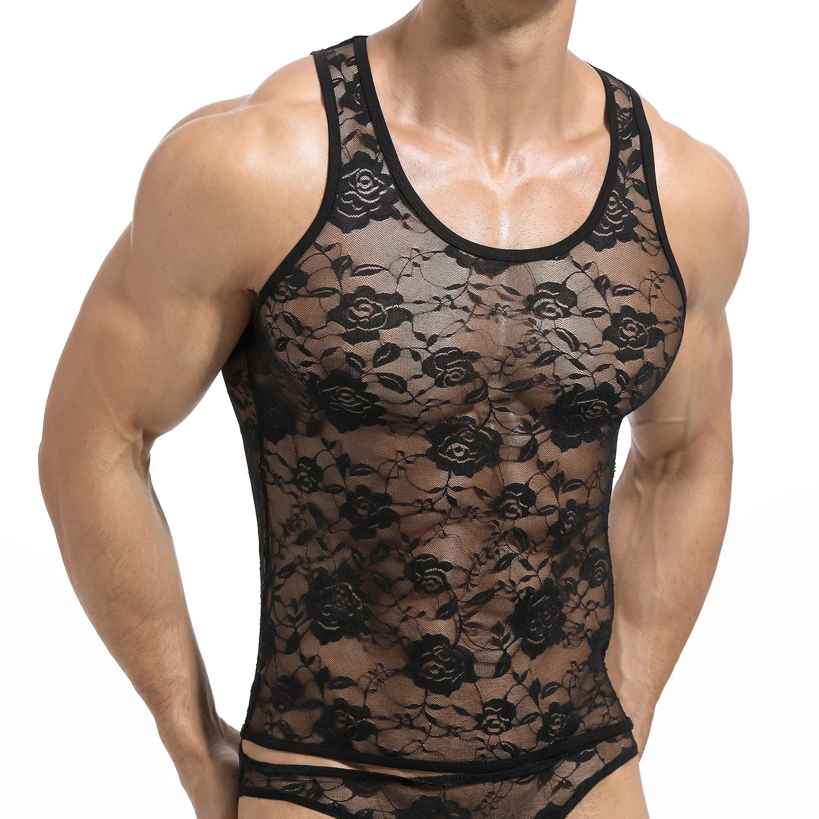 

Men Sexy Fitted Muscel Tank Tops Lingerie Sissy Floral Lace See Through Sheer Sleeveless Vest Stretchy Muscle Gym Fitness Vests