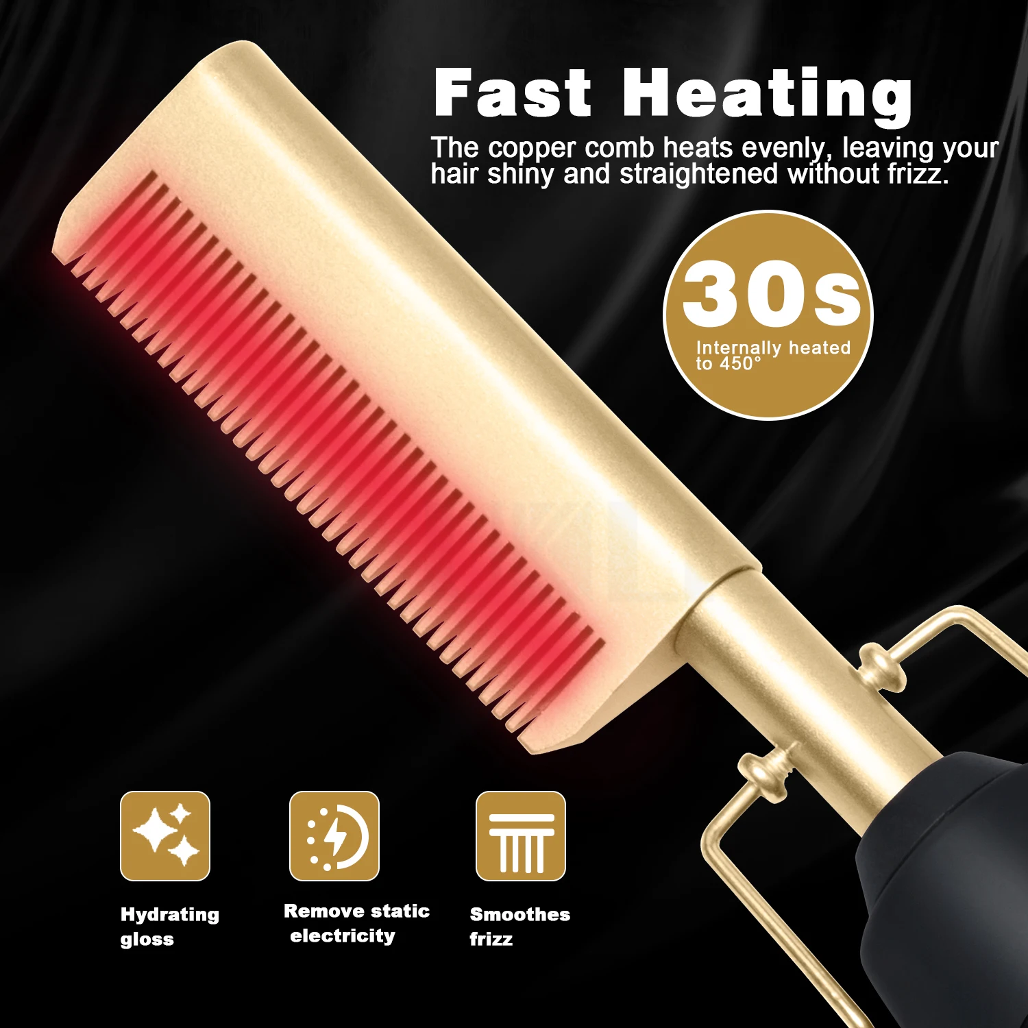 3 In1 Hot Comb Hair Straightener BLACKGOLD 044-1 Electric Heating Comb Fast Heating Portable Travel Anti-Scald Beard Straightener Press Comb