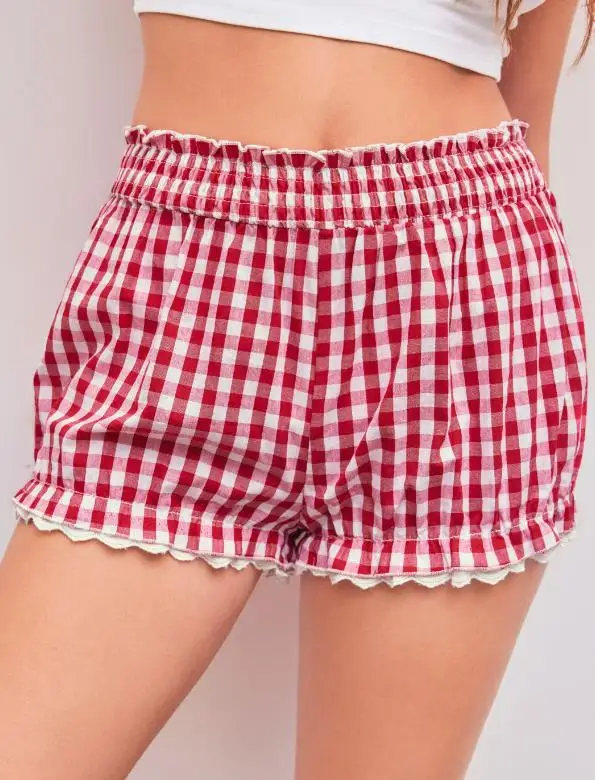 

Women s Summer Plaid Pajama Shorts Elastic Band Wide Leg Loose Fit Lounge Bloomers