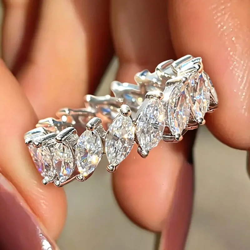 3*6mm Marquise Cut Moissanite Rings for Women Men 925 Sterling Silver Engagement Full Eternity Wedding Band with Certificate