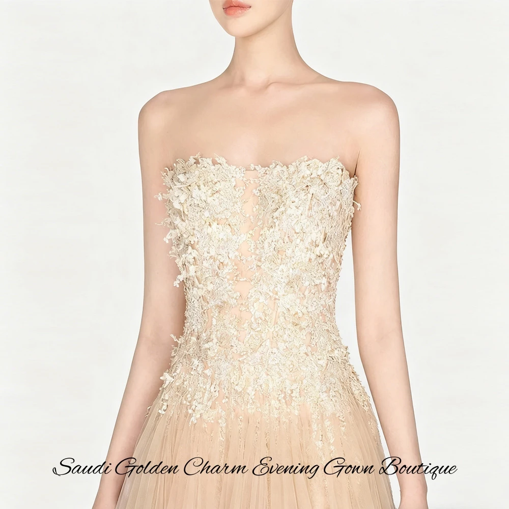 絶妙な手作りの花の装飾が施されたローブ・ド・ソワレ、高品質チュールAラインイブニングドレス、カスタマイズ可能なストラップレス・ノースリーブ・プロムドレス