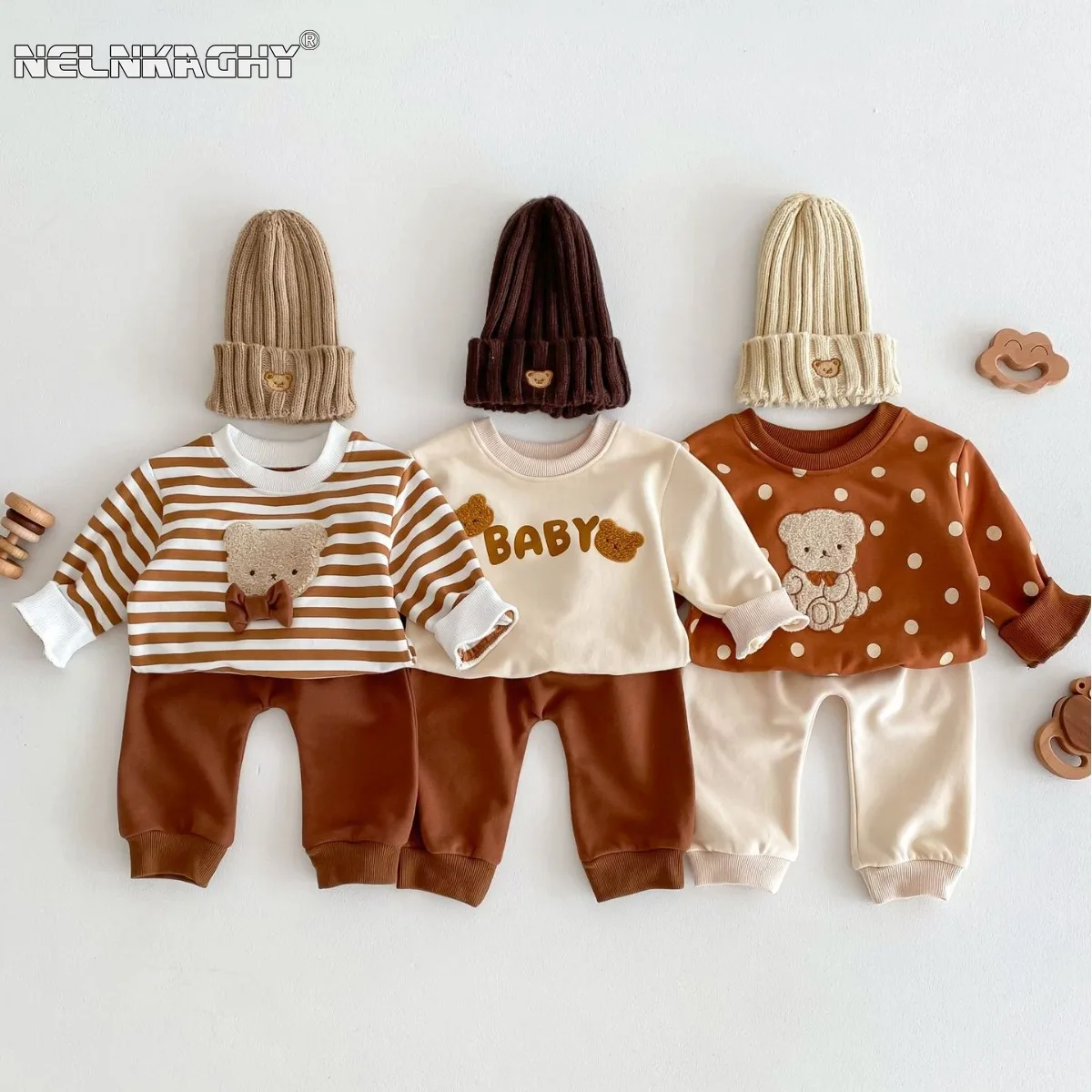 

2024 Spring New in Kids Baby Boys Girls Cartoon Bear Striped Top Sweatshirts+harem Pants Children Infant Clothing Set 2pcs 3M-4Y