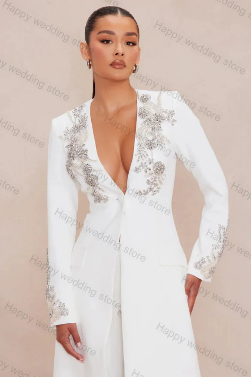 Conjunto de calças femininas de terno branco, blazer e calças compridas, gola V, casaco personalizado, smoking de casamento, jaqueta de escritório, 2 peças