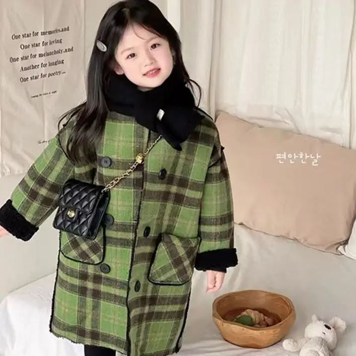 2025 Autumn/Winter Girls Wool Coat Korean Fashion Hooded Pea Coat Plaid Long Sleeve Mid-Length Outerwear for Toddlers