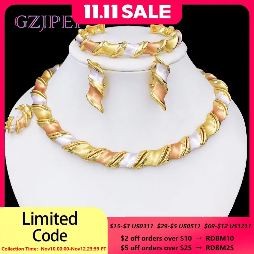 

GZJPEI 2025 New Wedding Jewelry Set Luxury Dubai Women Jewelery Hight Quality Three Tone Stylish Party Accessories Gift For Love