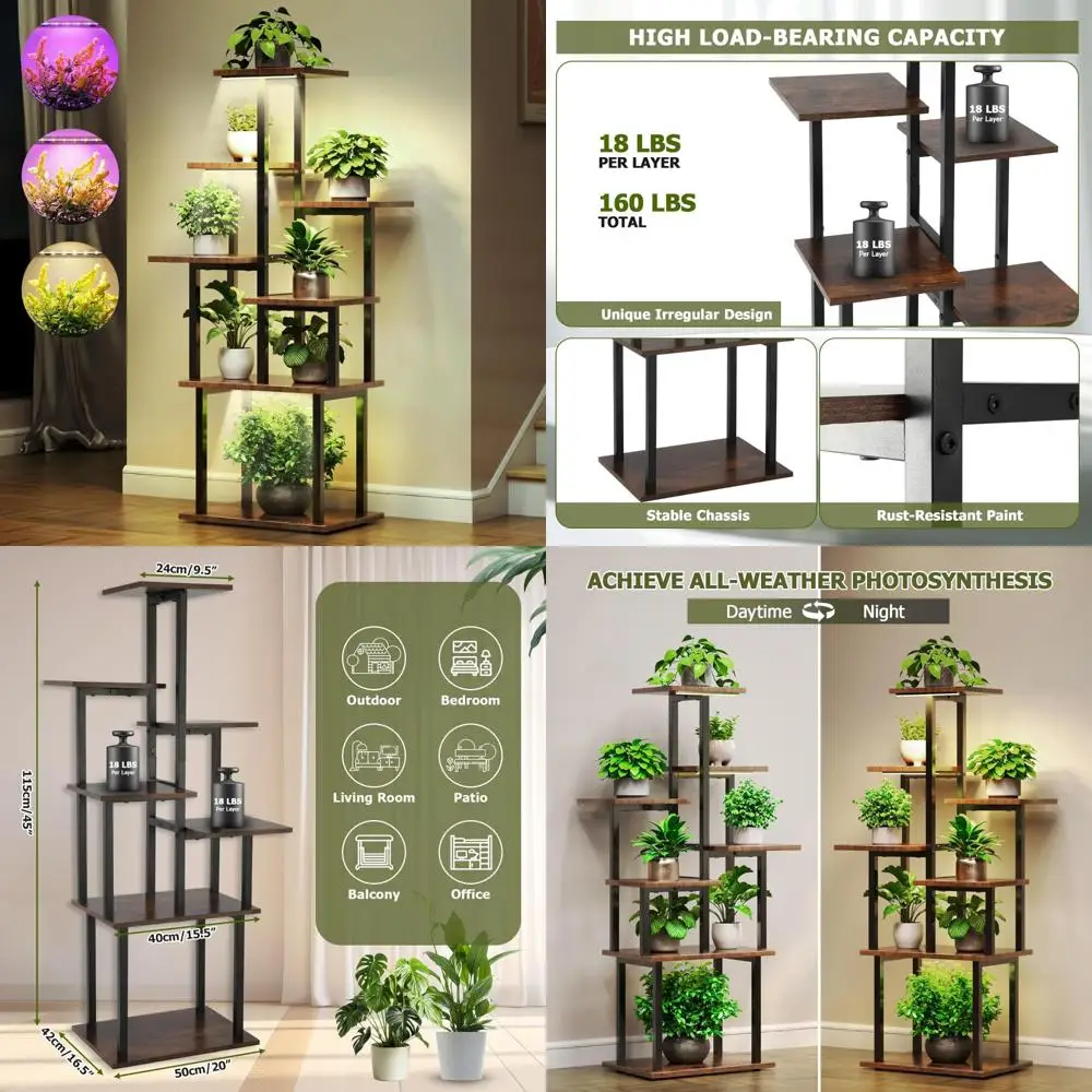 TC-HOMENY Plant Stand Indoor with Grow Lights, 45 Tiered Metal Plant Shelf, 45 Tall Plant Stand for Indoor Plants Multiple, Larg