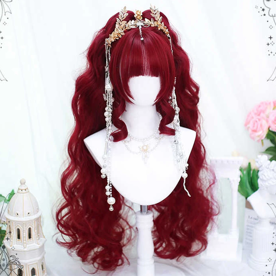 Synthetic Long Wavy Curly Ponytail Lolita Wig with Bangs Girl Cute Ombre Blonde Cosplay Party Halloween Harajuku Wig