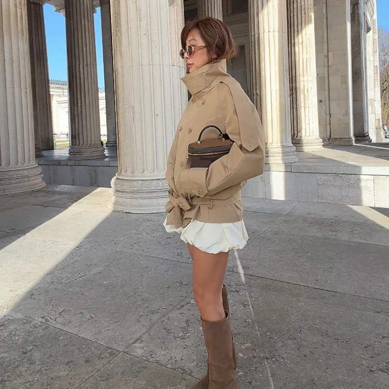 Women Cropped Trench Coat Stand Collar Double Breasted Bow Tie Waist Drop Shoulder Jacket Vintage Casual Street Ladies Outerwear
