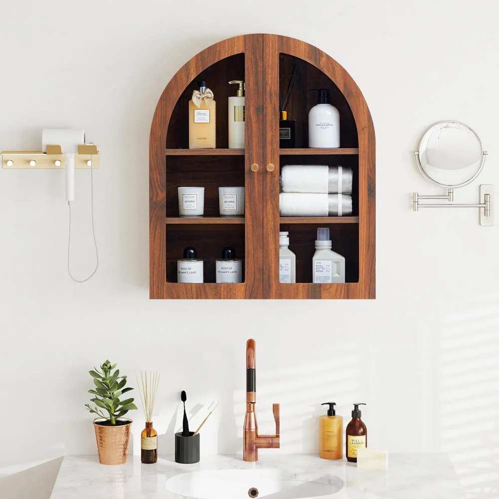 

wall bathroom cabinet with glass doors, wood medicine cabinet with adjustable shelf, arched hanging cabinet for bathroom, living