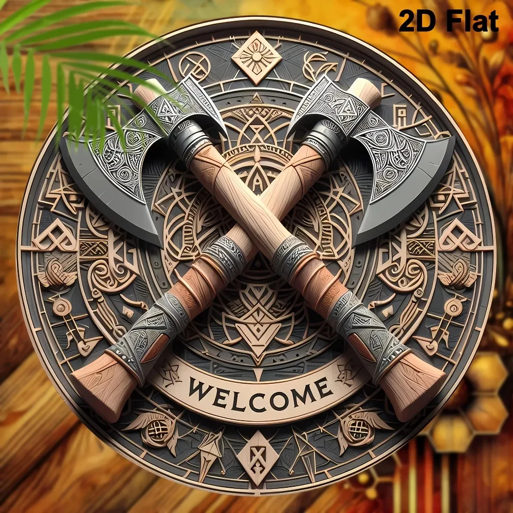 Viking Axe Welcome Sign - 8inch X 8inch Round Wooden Wall Decor, Suitable for Home, Porch, Living Room, and Office
