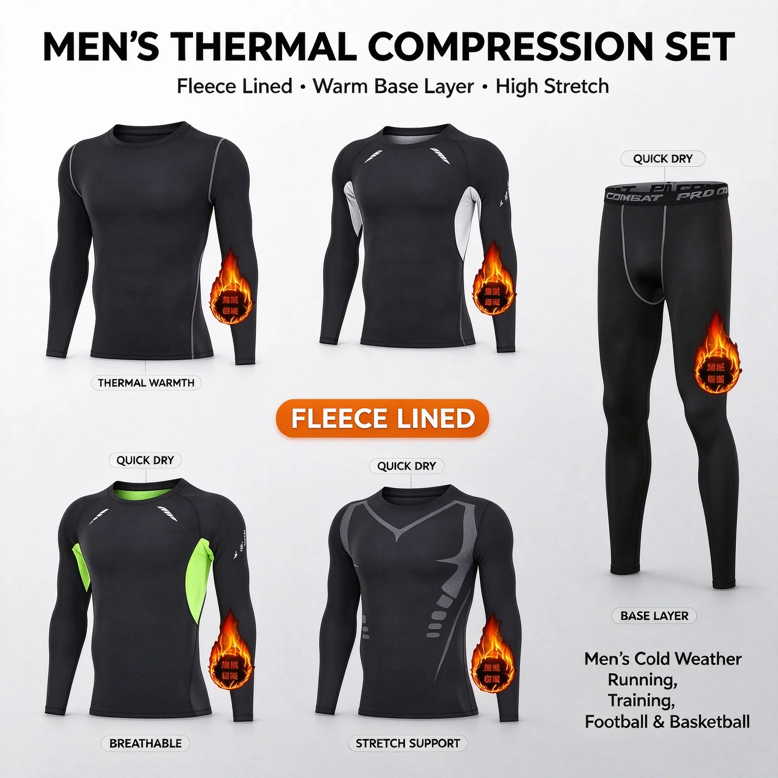 MIEYCO Men’s Thermal Underwear Set, Winter Fleece Compression Base Layer Long Johns for Ski Fitness Cold Weather