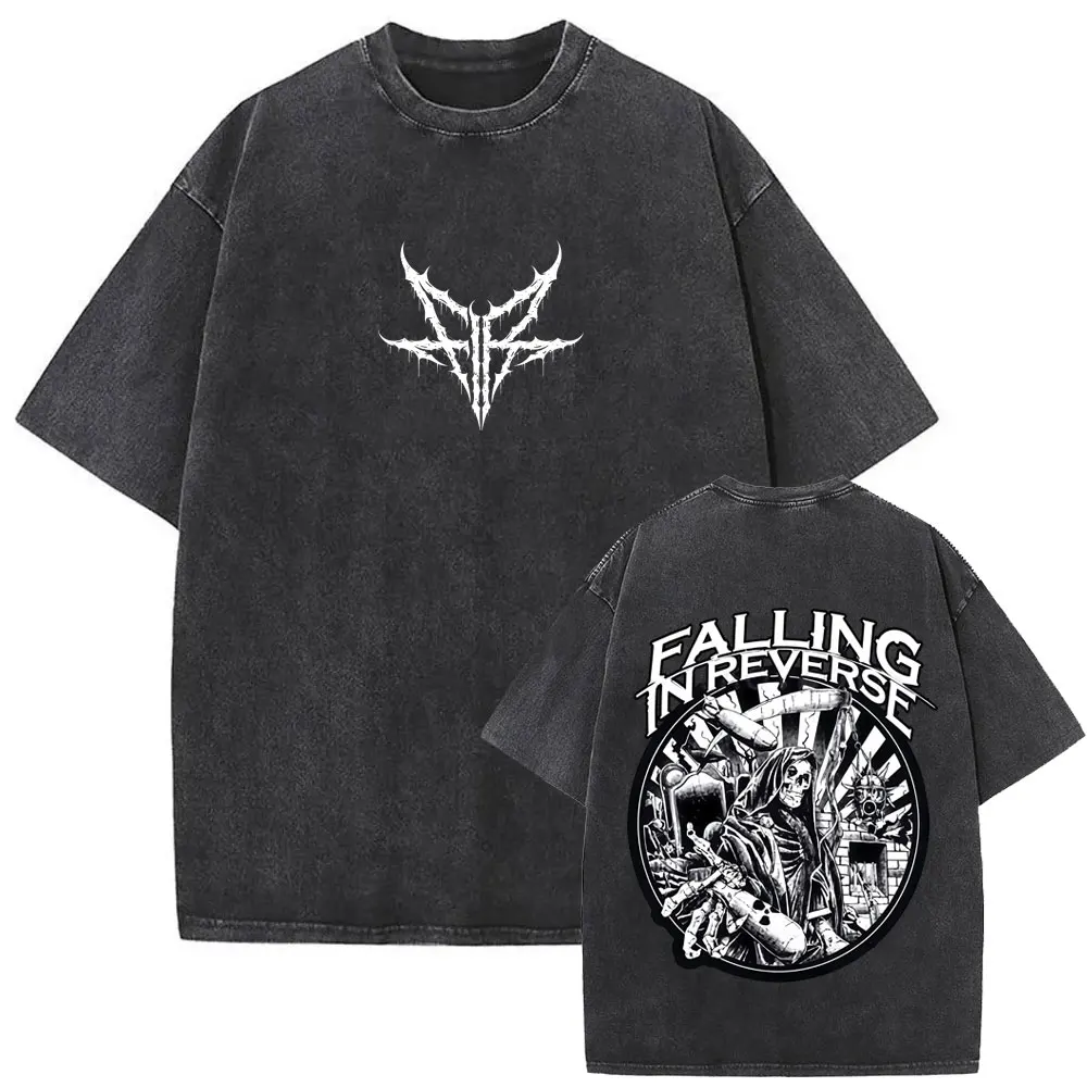 Short Sleeved Round Neck Y2k Tshirt Men Clothing New in Top & Tees Washed Vintage Rock Band Falling in Reverse Skeleton Print