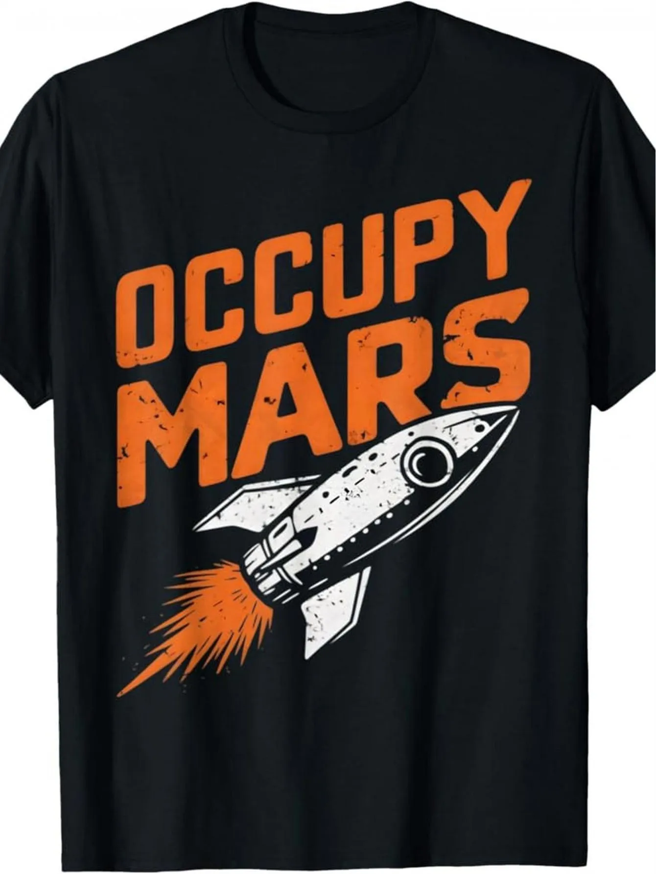 Camiseta con estampado 'Occupy Mars' para hombre - estilo retro falso de la vieja escuela, manga corta, cuello redondo, texto naranja llamativo y moderno