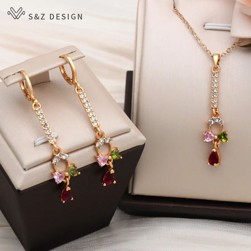 S&Z DESIGN New Fashion Long Colorful Heart Cubic Zirconia Bow Dangle Earrings Jewelry Sets For Women Gold Color Pendant Necklace