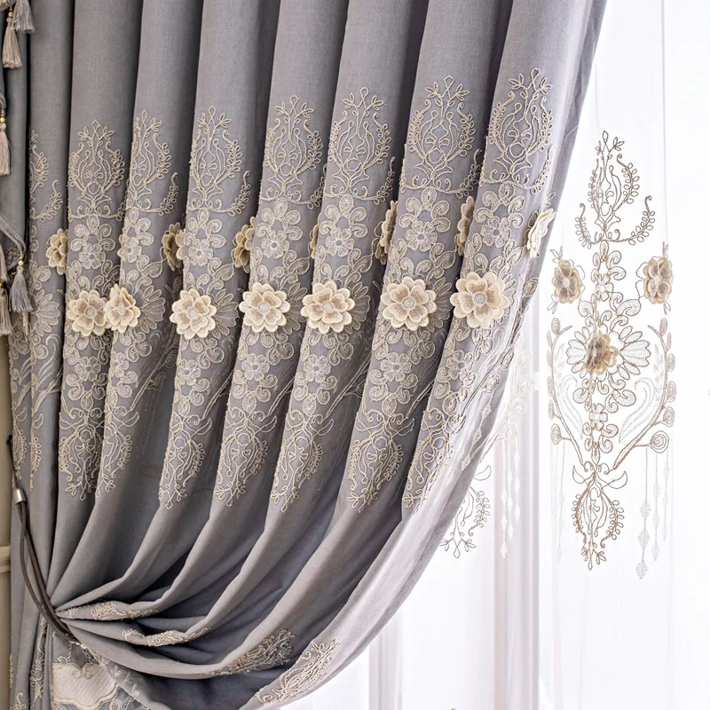 European Chenille Embroidery Grey Valance Luxury  Curtains for Living Room Blackout  Bedroom Embossed Window Decor White Tulle